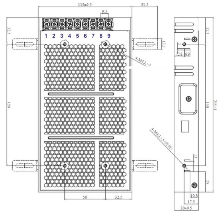 Rysunek techniczny zasilacza POS-200-24-C2 marki POS POWER